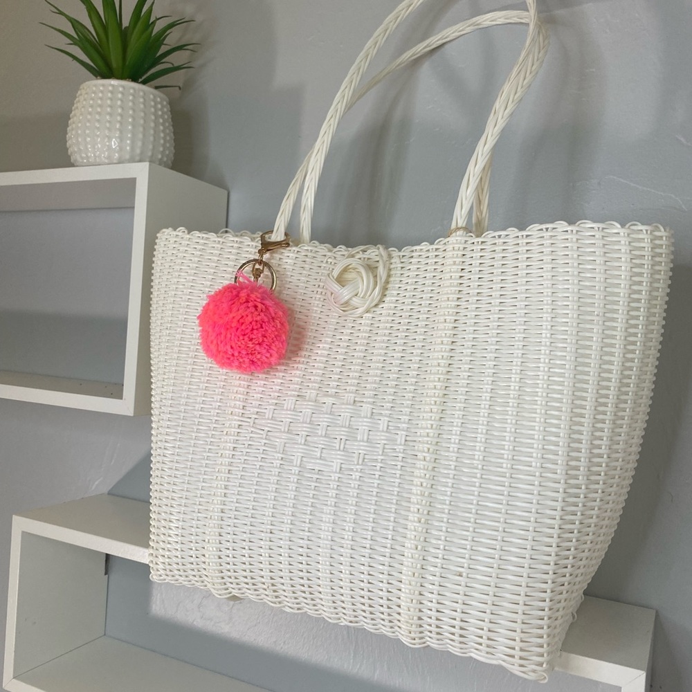 Plastic Woven tote bag with pink pompom, handmade brand new